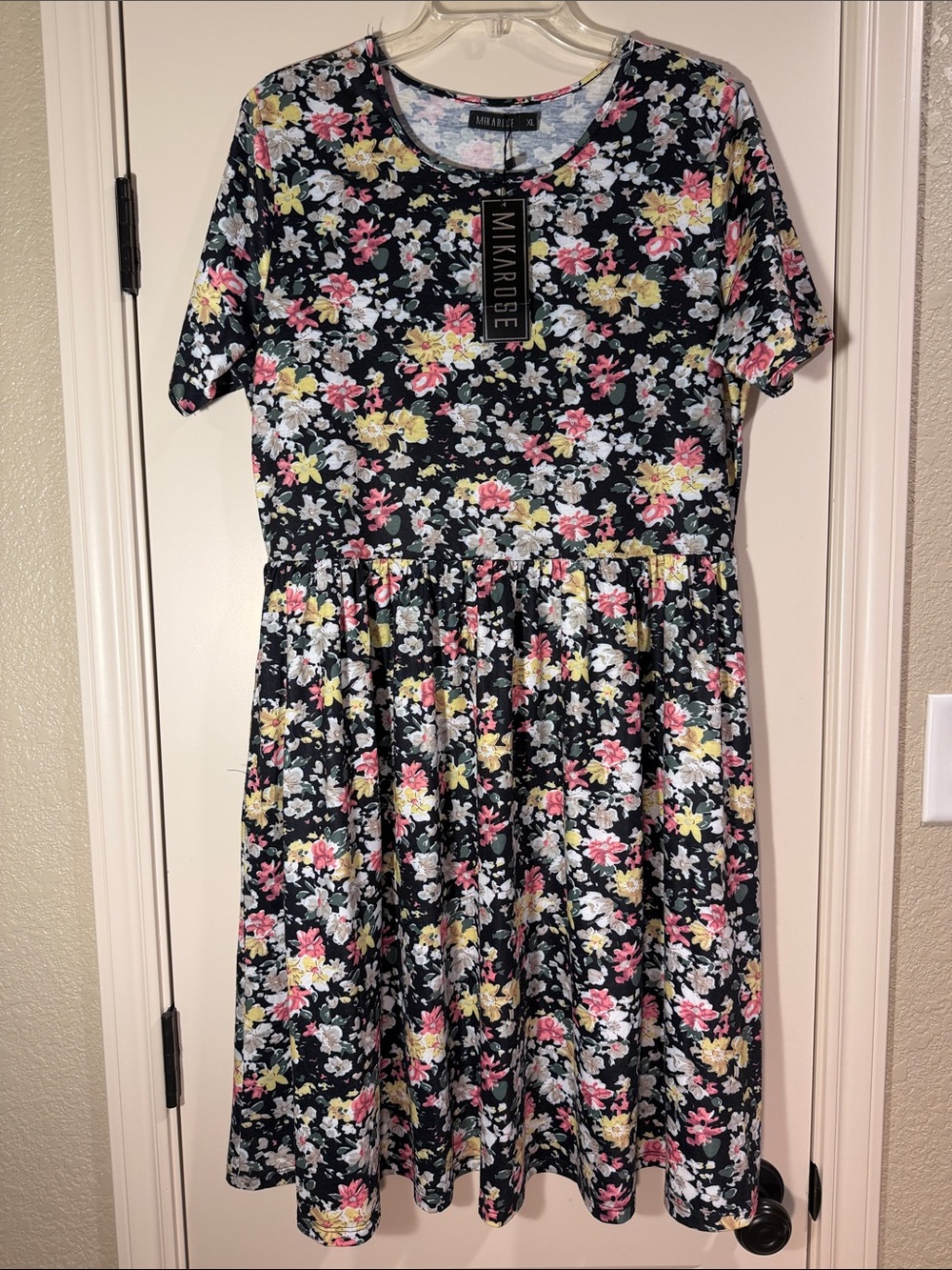 Mikarose Black Floral Fit-and-Flare Dress with Pink & Yellow Blooms - Size XL